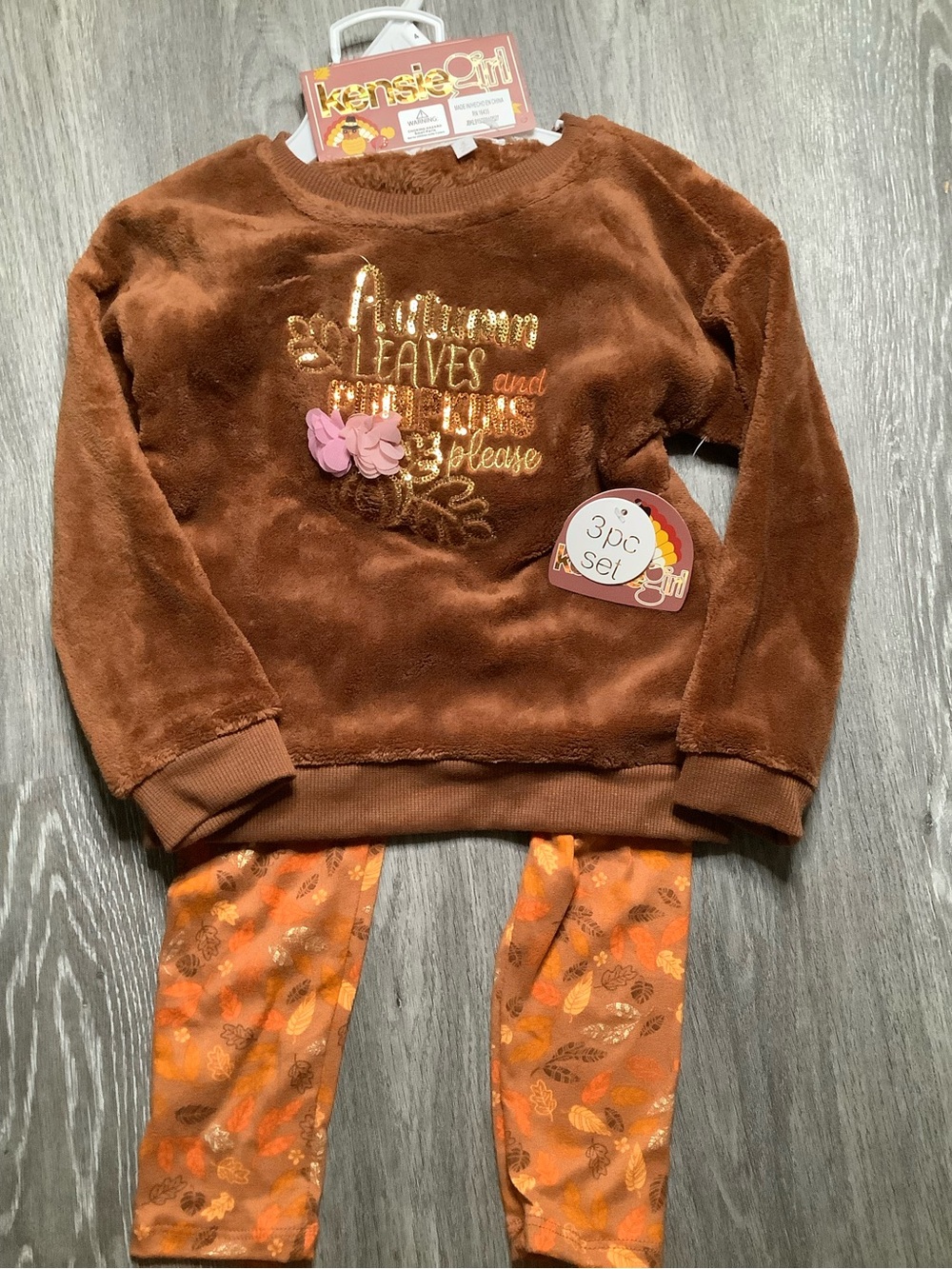 Kensie Brown Plush Sweatshirt & Orange Leaf-Print Leggings 3 piece Set